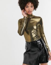 Monki high neck foile jersey top in gold   ASOS at Asos